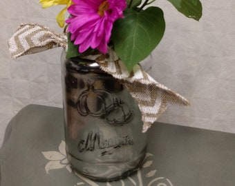 Vintage (Pre-1950s) Mason Jar Vase with Cute Crosgrain Burlap Ribbon!