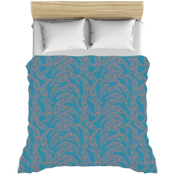 Coral Palm Fronds On Teal Background Duvet Covers Etsy