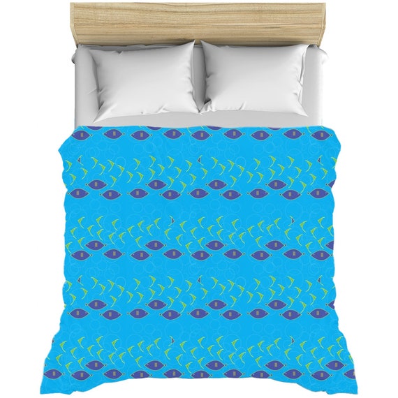 Blue Green Fishes Swimming On Dark Teal With Bubble Duvet Etsy
