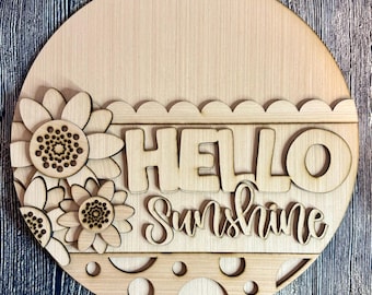 Sunflower Hello Sunshine Door Hanger Blank | Wood Door Decor | Fall Door Hanger | Unfinished Fall Sign | Ready to Paint