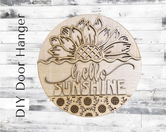 Hello Sunshine Fall Sunflower Door Hanger Blank | Wood Door Decor | Fall Door Hanger | Unfinished Fall Sign | Ready to Paint