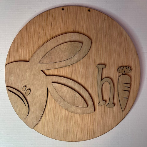 Bunny Hi Round Wood Easter Door Hanger Blank Etsy