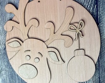 Reindeer with Ornament Christmas Door Hanger | Blank Wood Door Hanger | Christmas Craft | Custom Wood Cut Out | Front Door Wreath