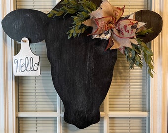 Cow Head with Tag Wood Door Hanger