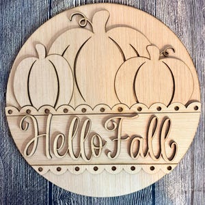 Pumpkin Trio Hello Fall Door Hanger Blank | Wood Door Hanger Blank | Fall Sign | Pumpkin Sign | Fall Decoration | DIY Craft Supply