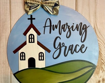 Amazing Grace Church Wood Door Hanger | Front Door Decor | Housewarming Gift | Year Round Wreath | Gift Idea