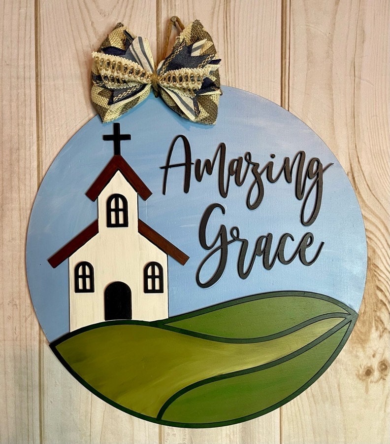 Amazing Grace Church Door Hanger | Front Door Decor | Housewarming Gift | Year Round Wreath | Gift Idea | Religious Sign | Country Church