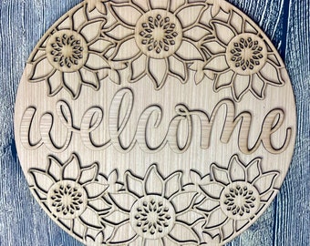 Sunflower Trio Welcome Door Hanger Blank | Wood Door Decor | Fall Door Hanger | Unfinished Fall Sign | Ready to Paint