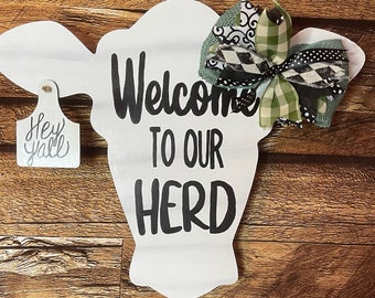 Cow Head with Tag Welcome to our Herd Wood Door Hanger | Front Door Decor | Housewarming Gift | Year Round Wreath | Gift idea