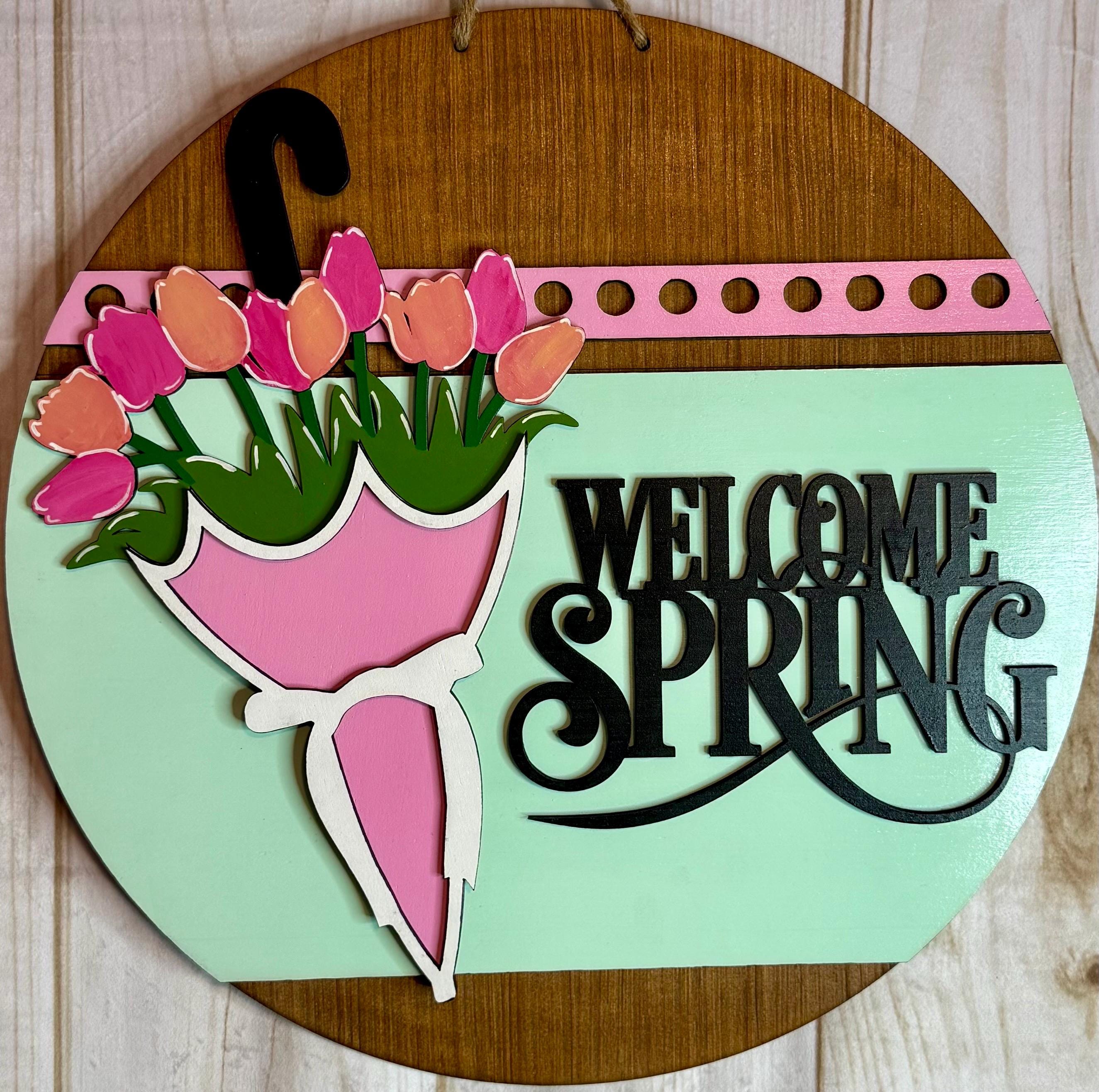 Welcome Spring Tulip Umbrella Door Hanger | Spring Sign - Etsy