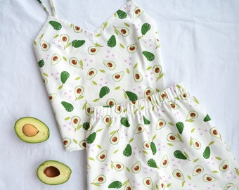 Cotton Pajama Set for Women with Avocado / Summer Pajama Set with Avocado Pattern / 100% Cotton Women's Sleepwear