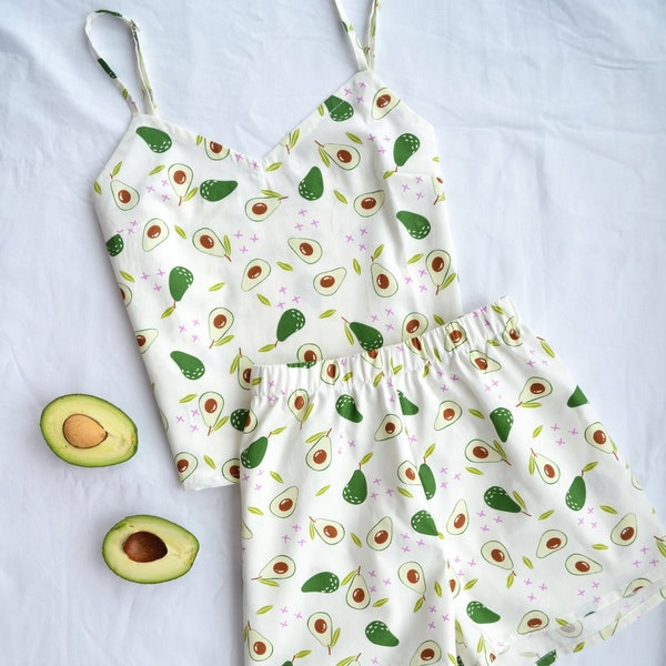Cotton Pajama Set for Women with Avocado / Summer Pajama Set with Avocado Pattern / 100% Cotton Women's Sleepwear
