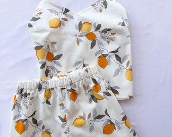 100% Cotton Pajama Set with Lemons, Floral Women's Sleepwear, Tank Top and Shorts