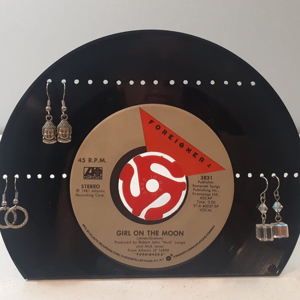 Foreigner Vinyl Record Earring Display Rack handmade from original 45 record holds over a dozen pairs of earrings fun unique earring display