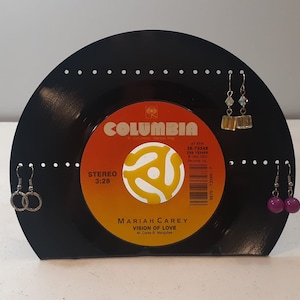 Mariah Carey Vision Of Love 45 Record Earring Rack Display holds over 12 pairs of earrings handmade from original Mariah Carey 45 record