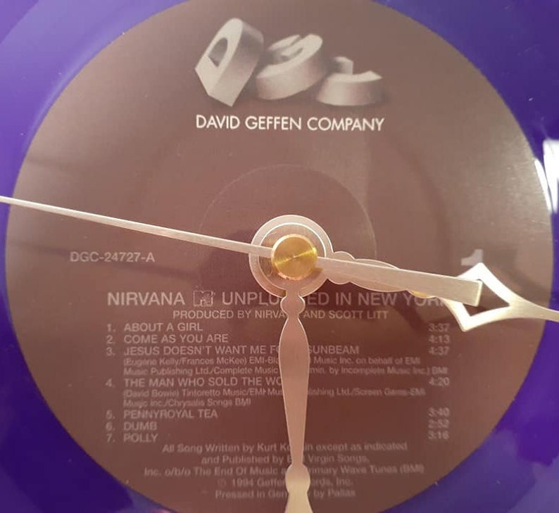 Nirvana Live In New York Purple Vinyl Record Clock hand made from beautiful purple Nirvana MTV Unplugged Live in N.Y record fun wall clock