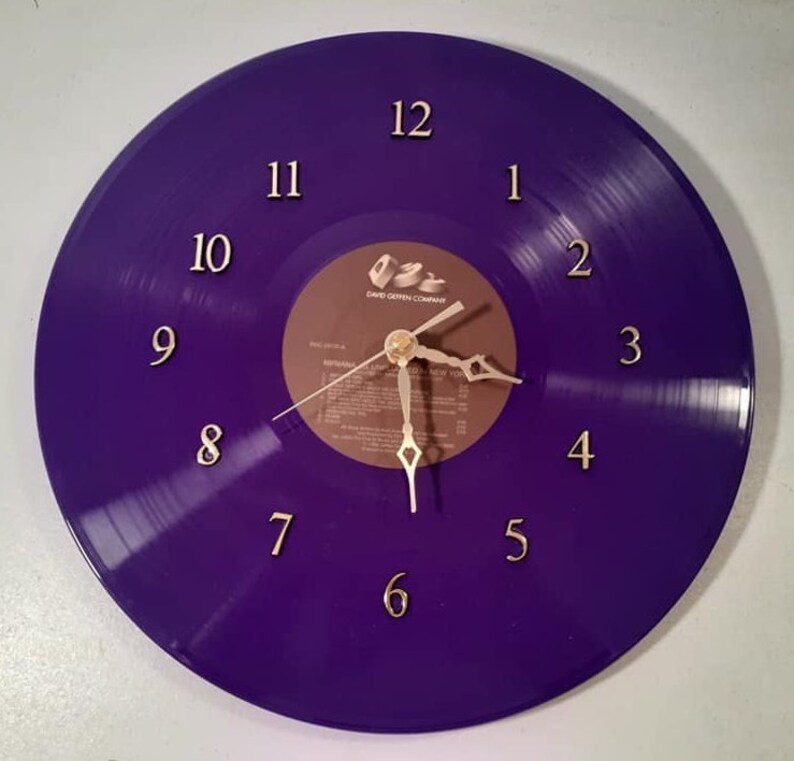 Nirvana Live In New York Purple Vinyl Record Clock hand made from beautiful purple Nirvana MTV Unplugged Live in N.Y record fun wall clock