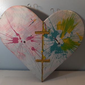 Shabby Chic Skateboard Heart Wall Art handmade from skateboard decks upcycled heart fun decor whimsical paint splatter design skater gift