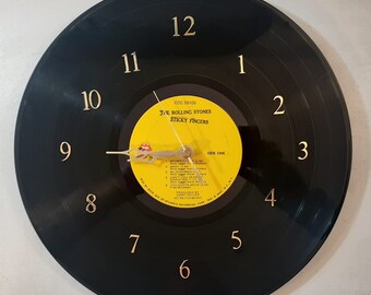 Rolling Stones Vinyl Record Clock handmade from original Rolling Stones Sticky Fingers record fun and functional music room décor unique