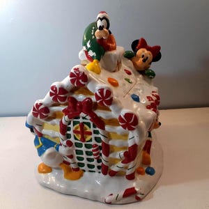 Rare Vintage Large Mickey and Friends Holiday Gingerbread House Cookie Jar stamped Disney on porcelain bottom 10.5&quot; by 9.25&quot; KS 66214