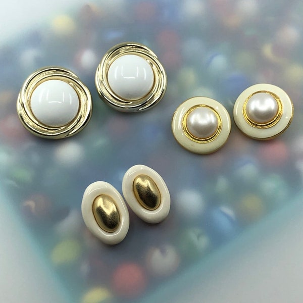 Vintage Clip On Earrings - 3 Pairs - White, Gold, and Pearl Colors - Retro + Fun