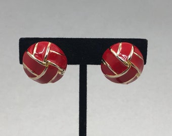 Boucles d'oreilles vintage en émail rouge brillant + clip en métal brillant
