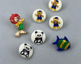 Boutons d'aneth vintage - pandas, poissons colorés, ours en peluche et pumuckl