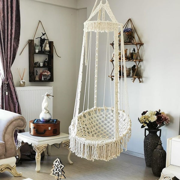 Chaise hamac en macramé, balançoire de lecture intérieure et extérieure de style bohème, siège boho suspendu au crochet pour chambre à coucher, salon, terrasse, véranda ou arbre