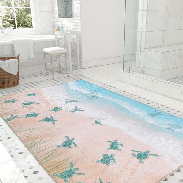 Tapis et tapis de salle de bain Caretta, tortue de mer Aqua, tapis design, tapis de plage, bain de sable, surface fine antidérapante lavable en machine, idée cadeau déco, turquoise