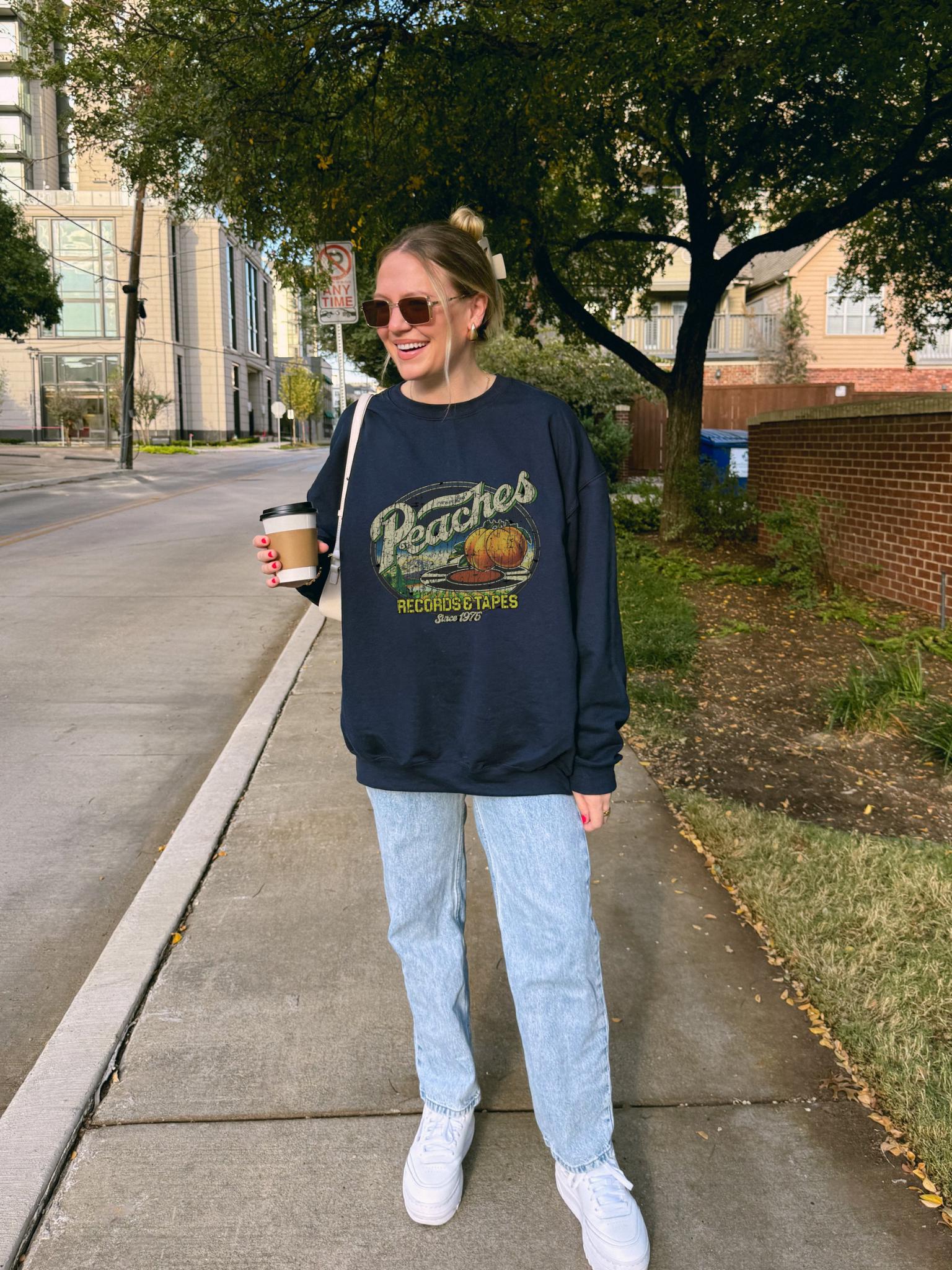 Vintage Peaches Vinyl Records and Tapes Sweatshirt, Music Lover Gift, 1970 Men Women Retro Graphic Jumper, 70s Custom Indie Hipster Sweater