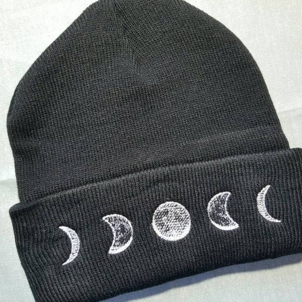 Moon phase beanie, black beanie, embroidered beanie, embroidered moon phase hat, embroidered hat, black winter hat, embroidered winter hat