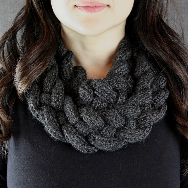 Double-braided cowl, scarf, crochet, cream, black, charcoal