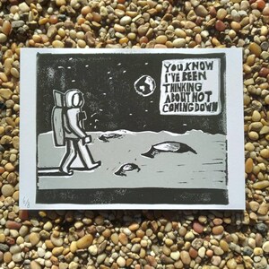Spaceman linoprint, two color reduction print, spiritualized tribute, print number six of eight, gray version