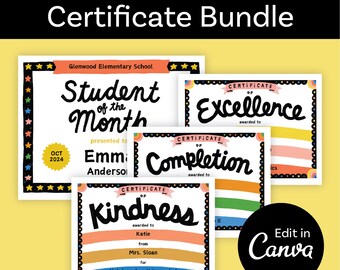 Editable School Certificate Bundle: Kindness, Excellence, Completion (Digital Download)