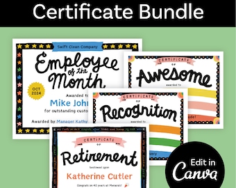 Employee Appreciation Certificate Bundle: Small Business Awards (Canva Editable, Digital Download)