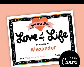 Love of My Life Certificate: Valentine's Day Award (Canva Template)