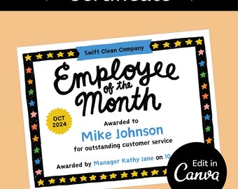 Employee of the Month Certificate Template: Easy Award (Canva Digital Download)