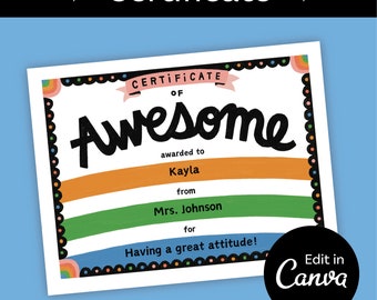 Certificate of Awesome Award Colorful Digital Download | Edit in Canva | Easy Fun Template, School Student Teacher Appreciation Vibrant Gift