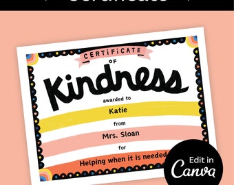 Editable Kindness Certificate Template: Student Award (Digital Download)