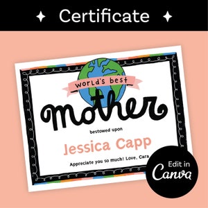 Weltweit beste Mutter Zertifikat Digitaler Download | In Canva | bearbeiten Easy Edit Muttertagsgeschenk, Happy Mother's Day Editable Card Award