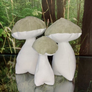 Peut inclure: Trois jouets en forme de champignon en peluche de différentes tailles. Les champignons sont blancs avec un dessus en tissu vert. Le plus grand champignon est à l'arrière, le champignon de taille moyenne est au milieu et le plus petit champignon est à l'avant.