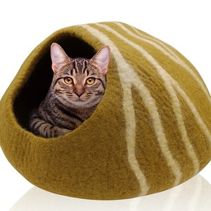 May include: A tabby cat sits inside a green and white striped cat bed. The cat bed is a rounded, enclosed shape, providing a cozy space for the cat. The cat has brown and black stripes.