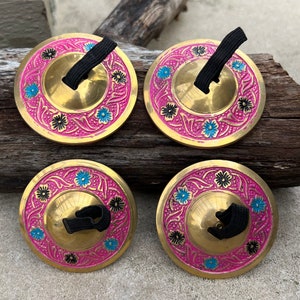 2 Pairs Brass Lotus Flower Finger Cymbals Zills for Belly Dancing Pink
