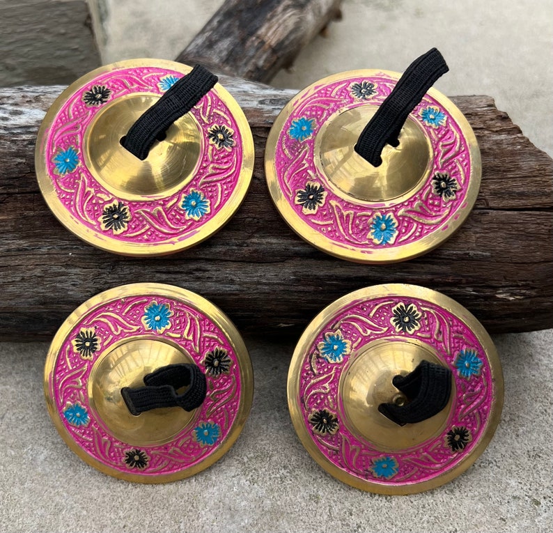 2 Pairs Brass Lotus Flower Finger Cymbals Zills for Belly Dancing Pink