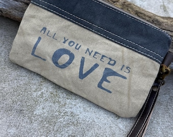 Recycled Military Canvas Wristlet: Vintage Clutch, Eco-Friendly Makeup Bag