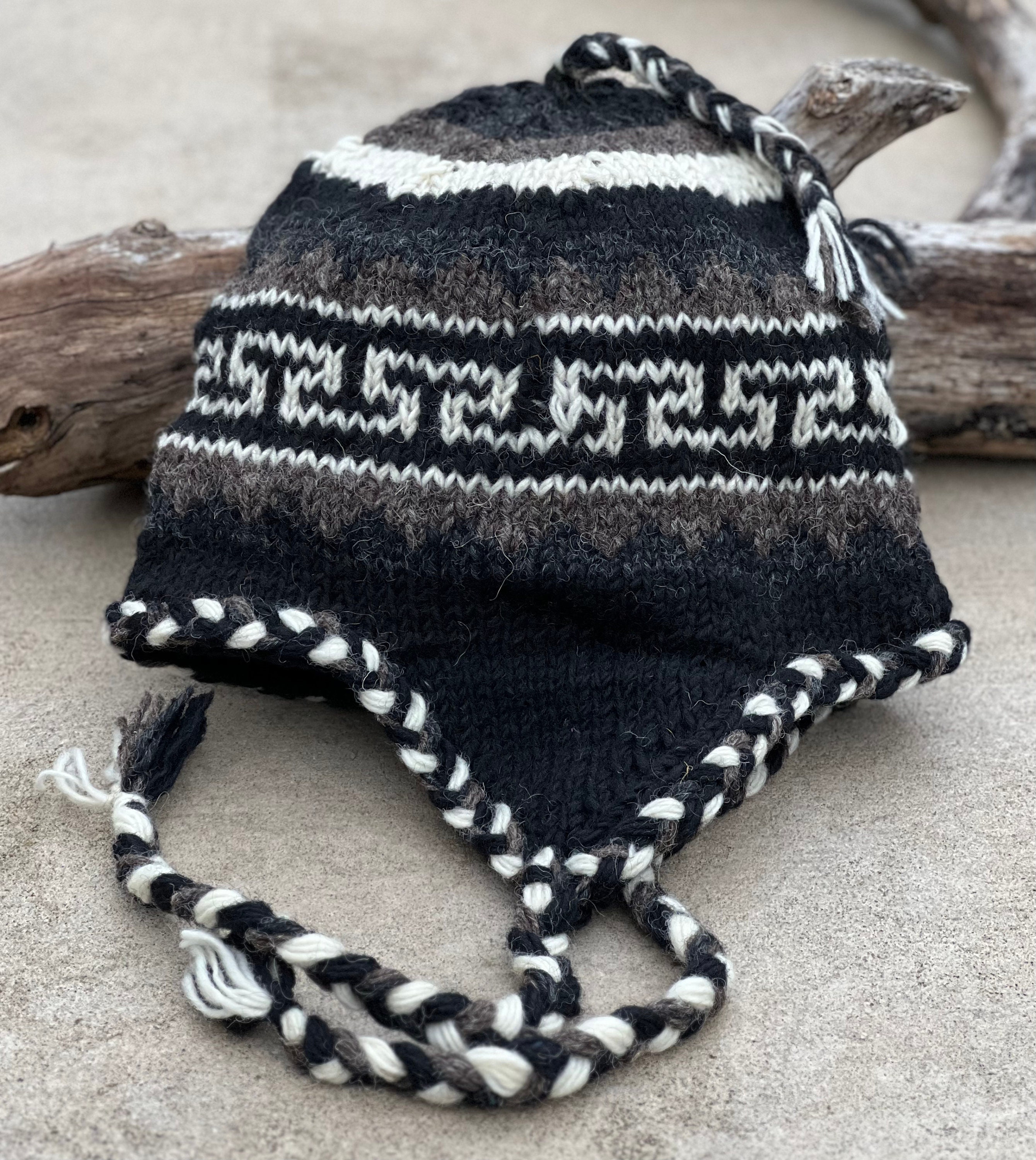 100% Wool Hand Knit Earflap Beanie Ski Fleeced Lining Unisex