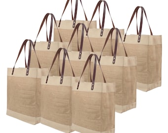 DIY Blank Jute Tote Bag , Leather Straps And laminated water resistant interior