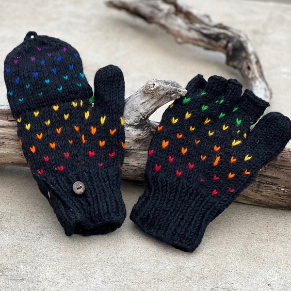 100% Wool Unisex Hand Knit Convertible Mitten, Winter Gloves, Fingerless Fleece Lining, Comfy And Warm Black . FAST SHIPPING!!!