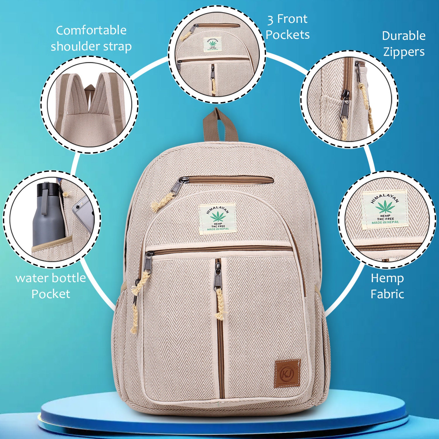 Handmade Large Multi Pocket Natural Hemp Nepal Backpack - Etsy display picture 2