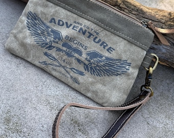 Recycled Military Canvas Wristlet: Rustic Adventure Clutch, Eco-Friendly Makeup Bag